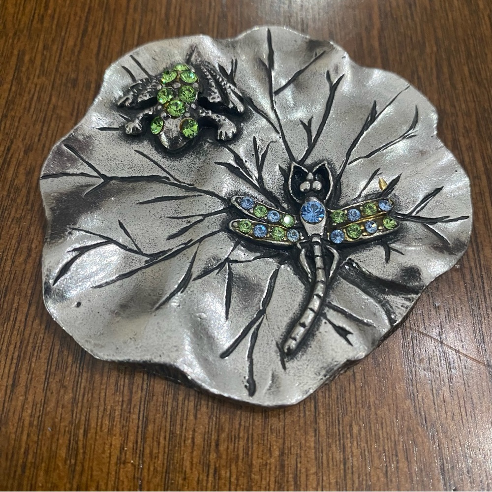 Mary Demarco Signed Rhinestone Lily Pad Frog & Dragonfly Pocket Mirror, Pouch.
